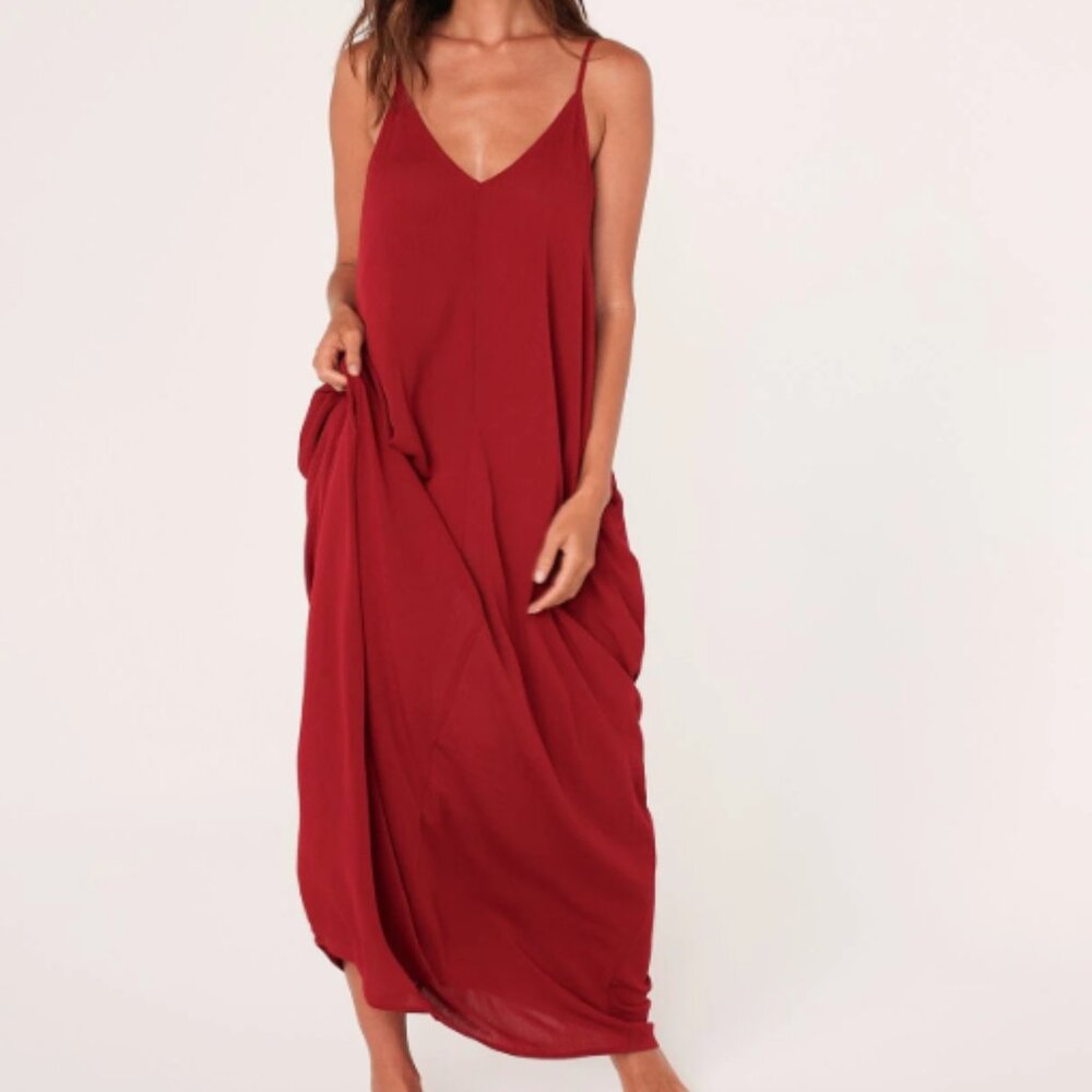 NWT Red Lovestitch Weekend Mila Gauzy Maxi Dress Rayon Pockets Relaxed Fit S/M